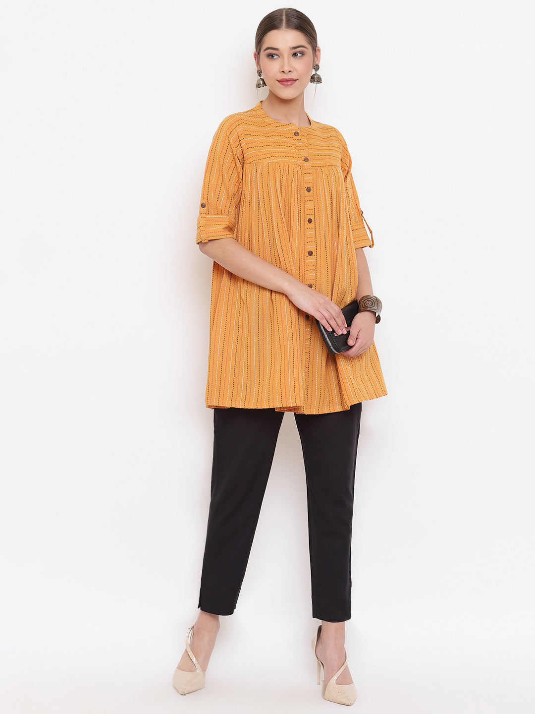 Janasya Women's Mustard Cotton Woven Design Gathered Tunic 