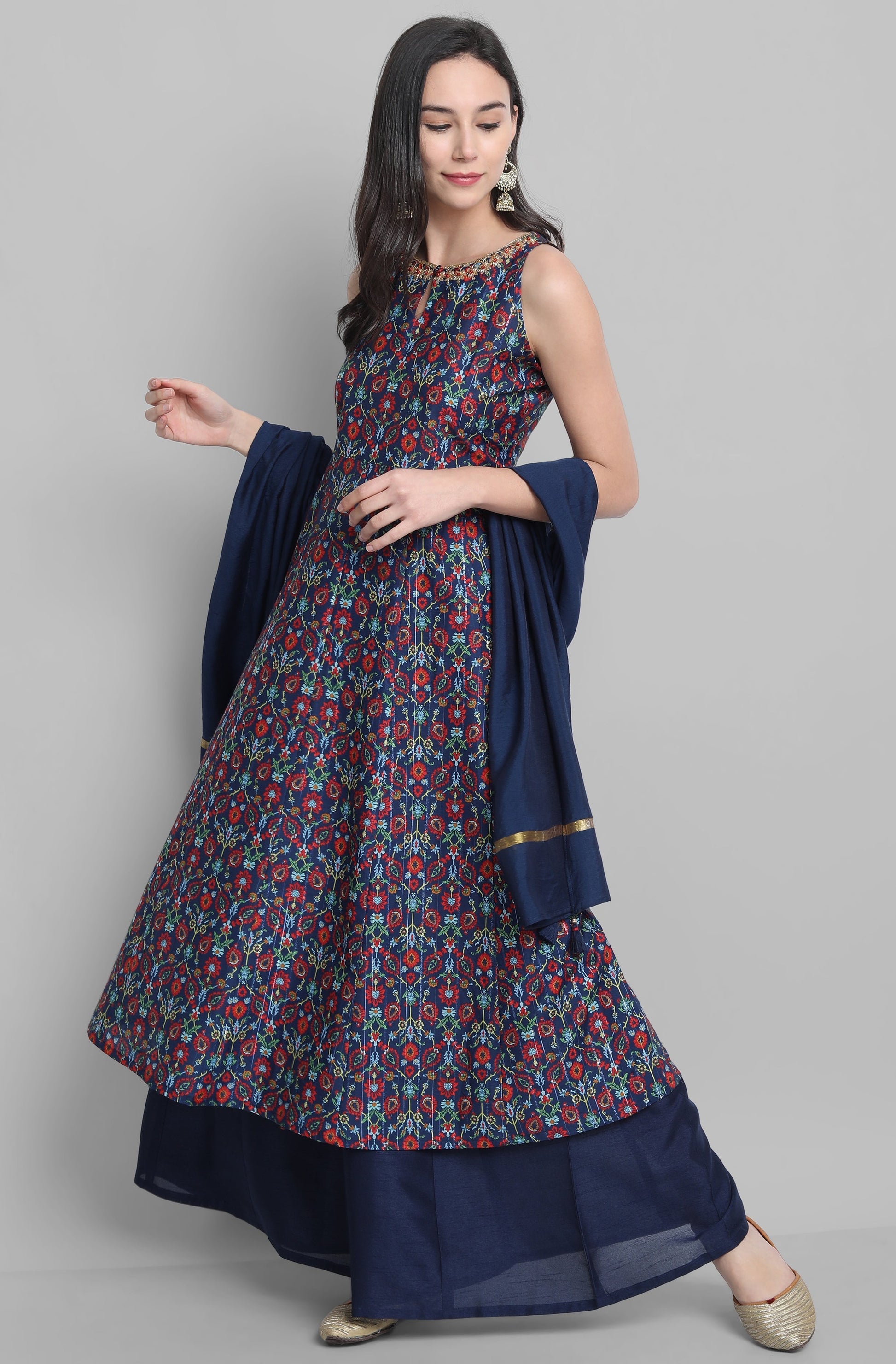 Janasya Women's Blue Poly Muslin Embroidered Kurta With Palazzo And Dupatta 