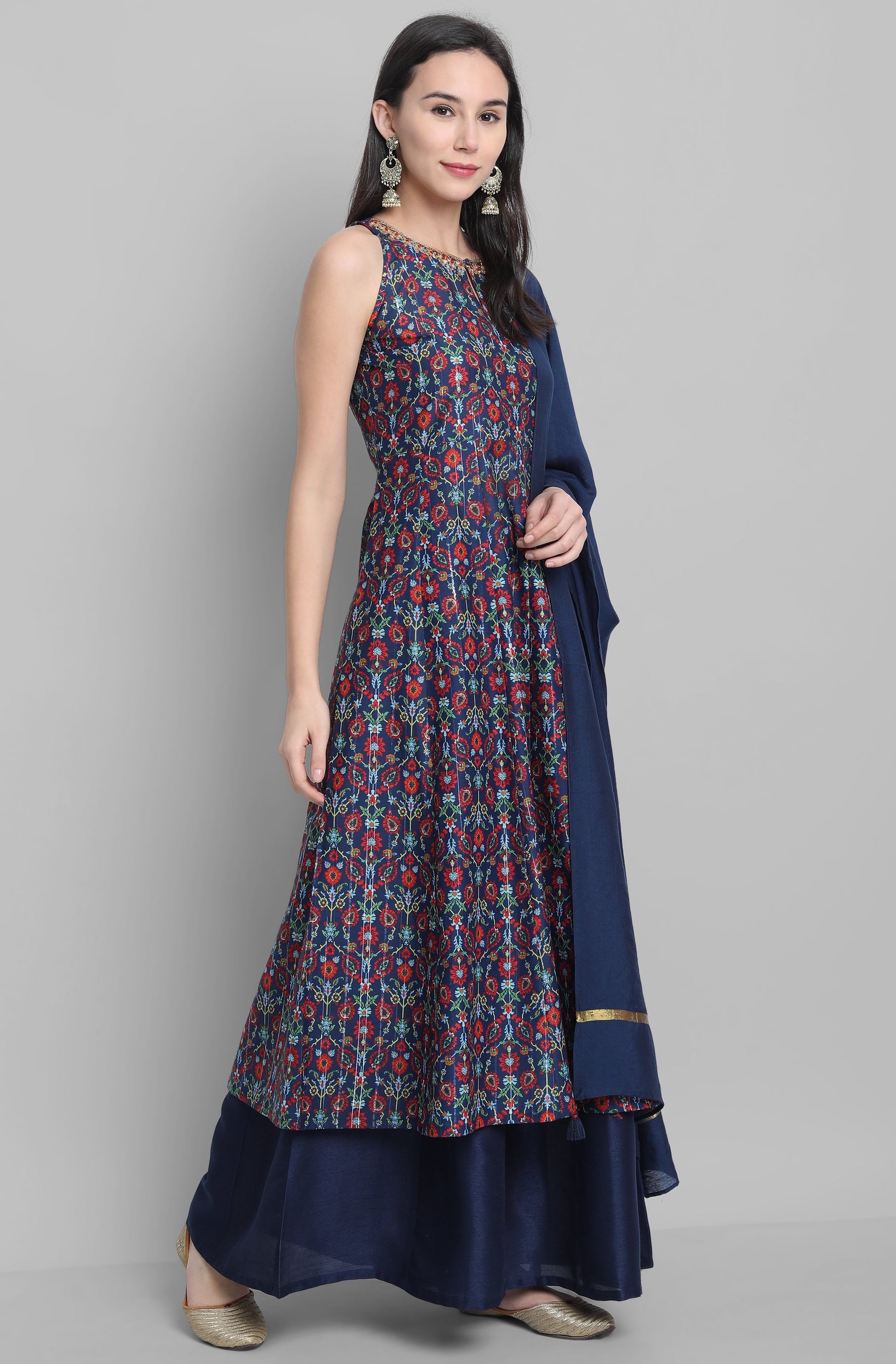 Janasya Women's Blue Poly Muslin Embroidered Kurta With Palazzo And Dupatta 