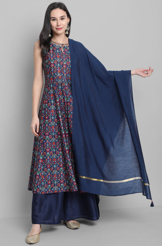 Janasya Women's Blue Poly Muslin Embroidered Kurta With Palazzo And Dupatta 