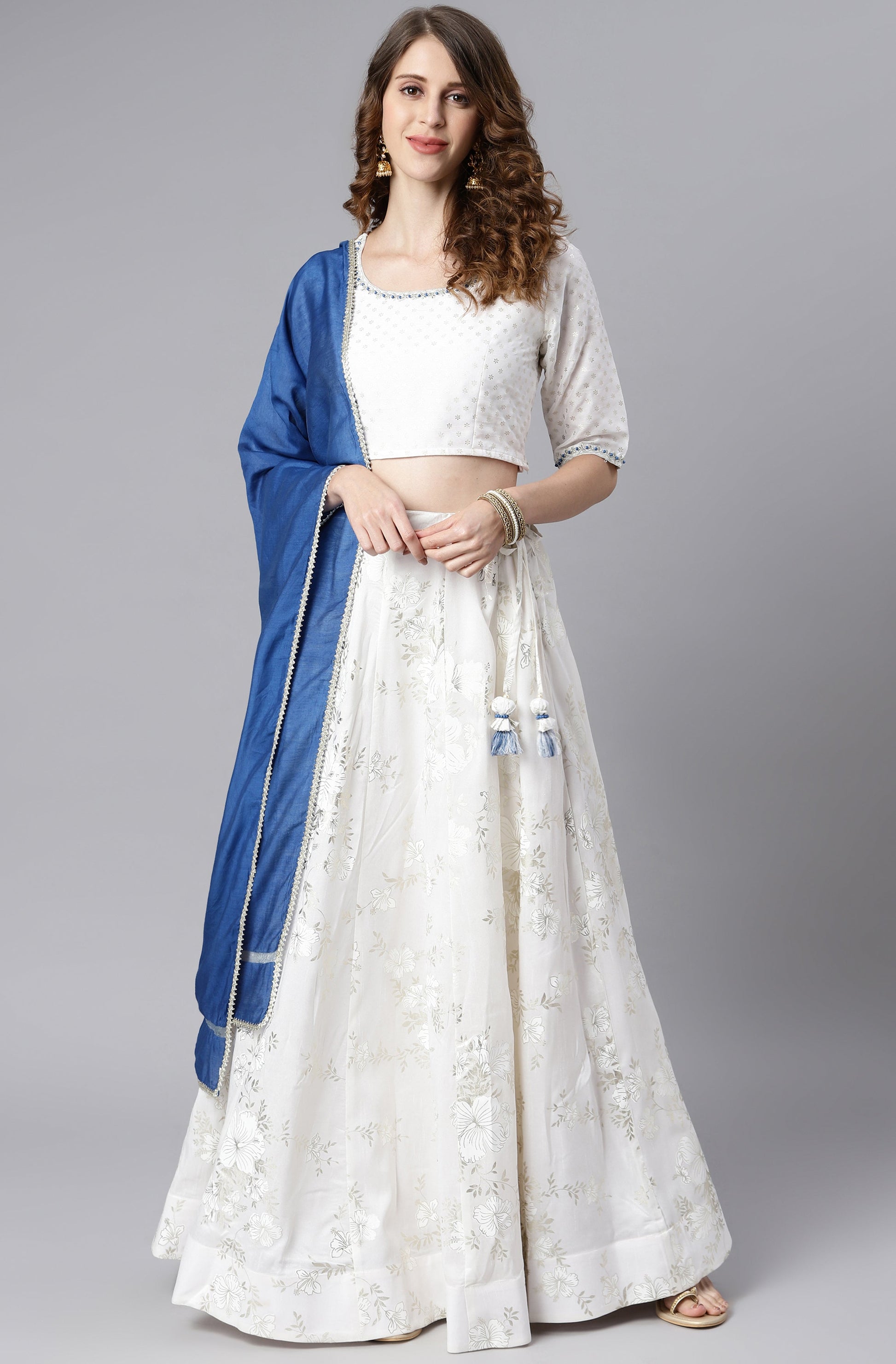 Janasya Women's White Poly Silk Floral Print Lehenga Choli With Dupatta 