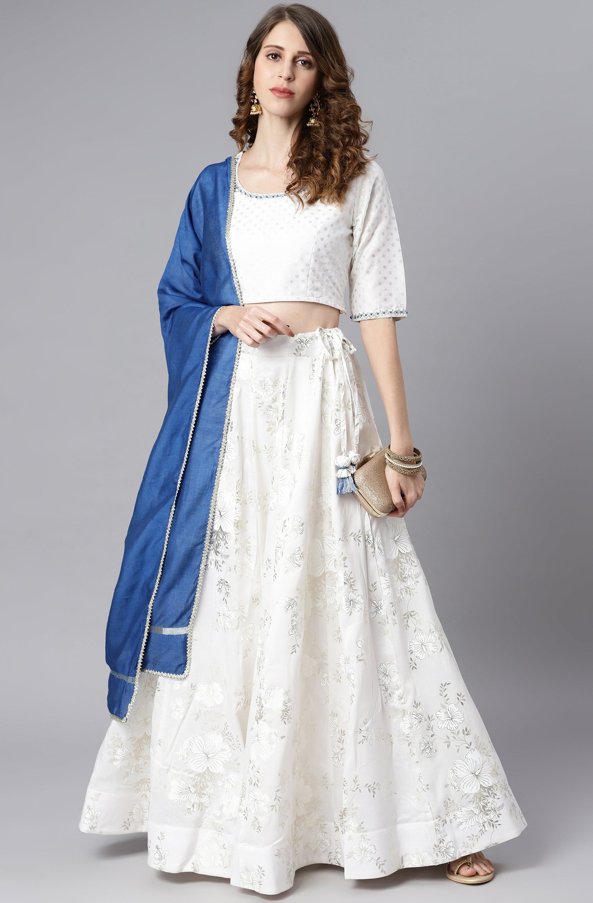 Janasya Women's White Poly Silk Floral Print Lehenga Choli With Dupatta 