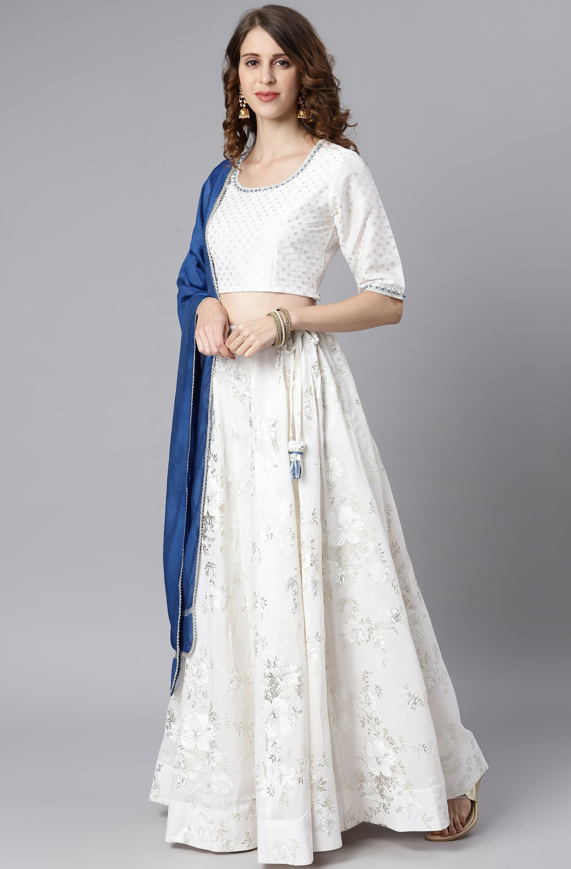 Janasya Women's White Poly Silk Floral Print Lehenga Choli With Dupatta 