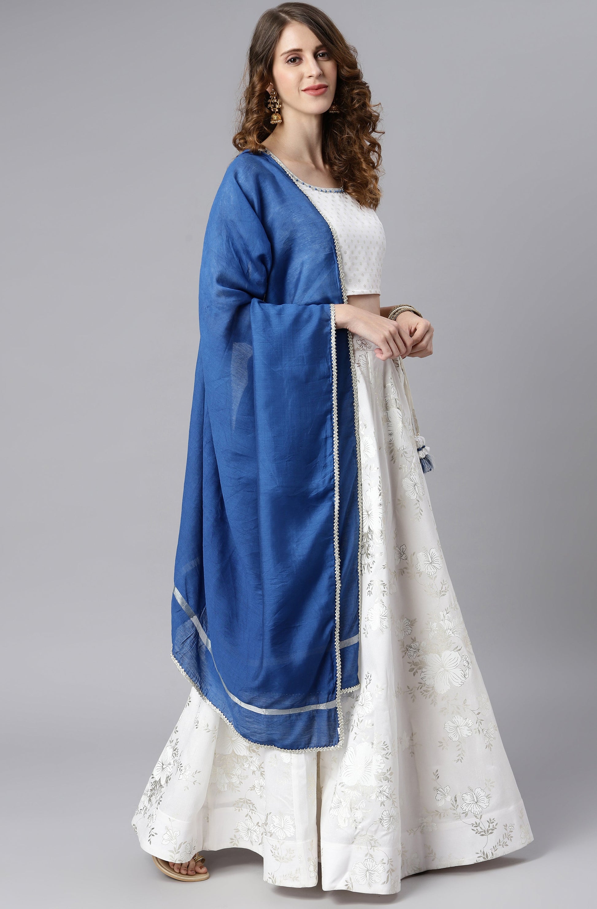 Janasya Women's White Poly Silk Floral Print Lehenga Choli With Dupatta 