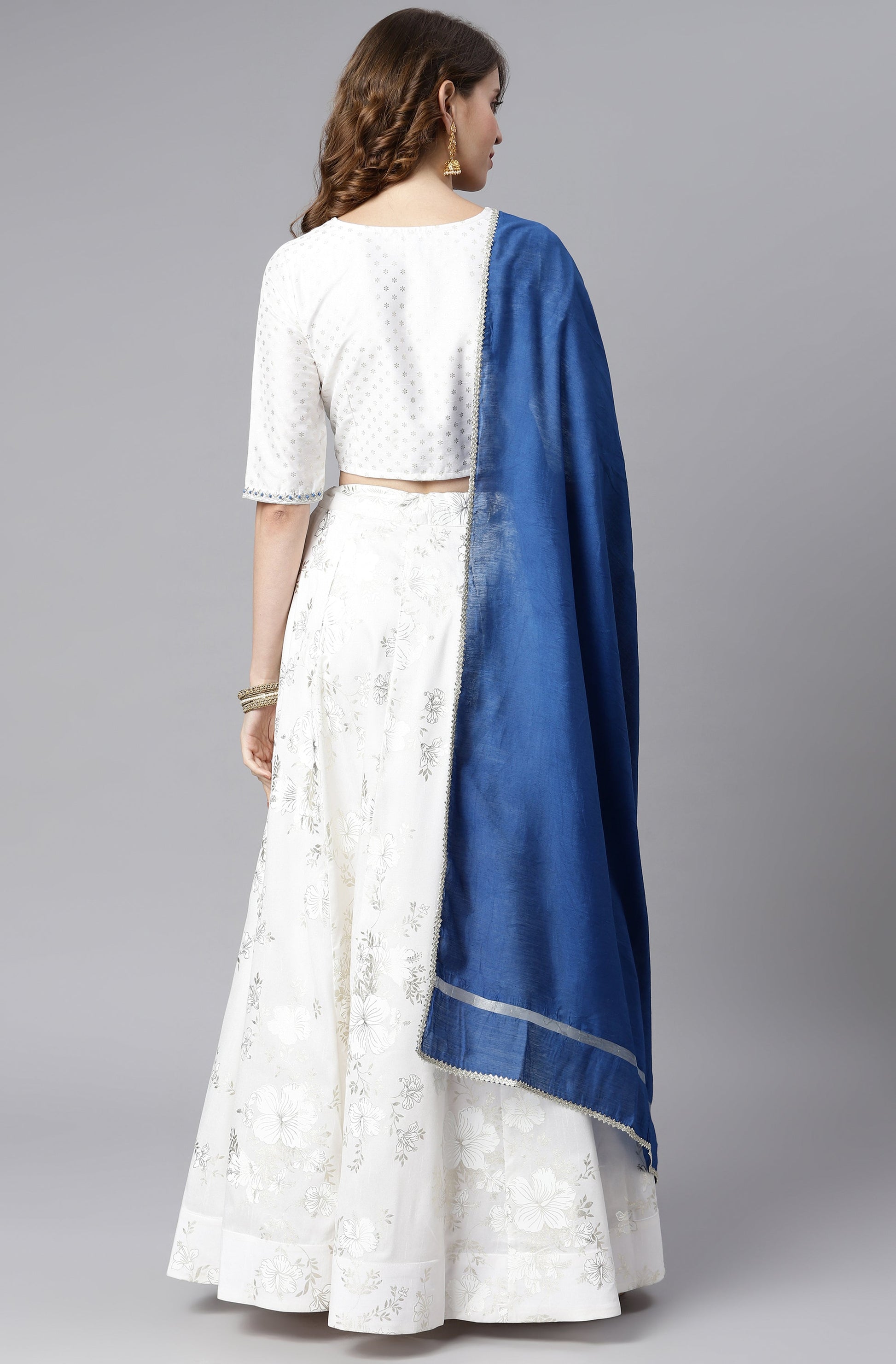 Janasya Women's White Poly Silk Floral Print Lehenga Choli With Dupatta 