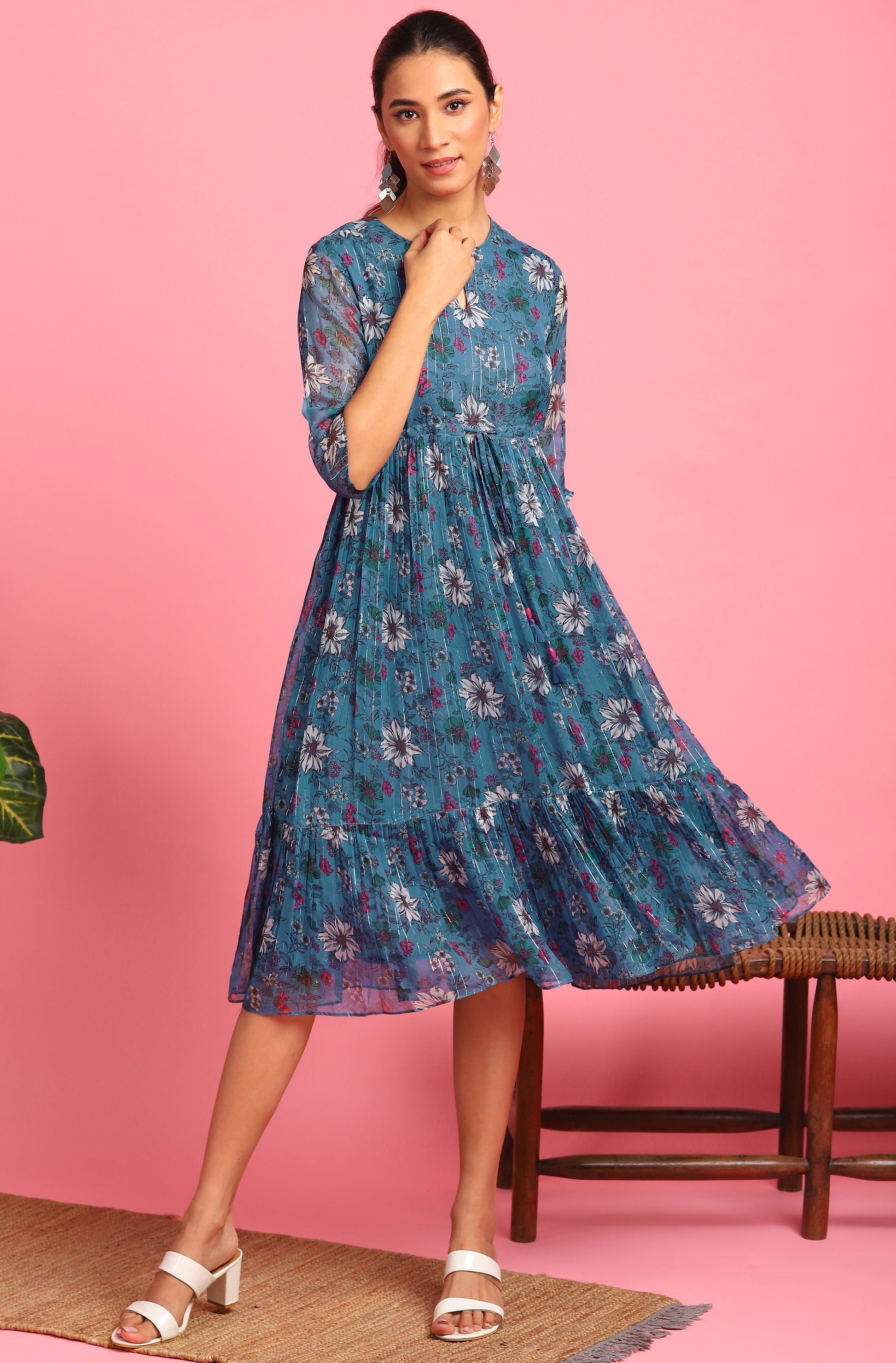 Janasya Blue Poly Georgette Floral Flared Western Dress 