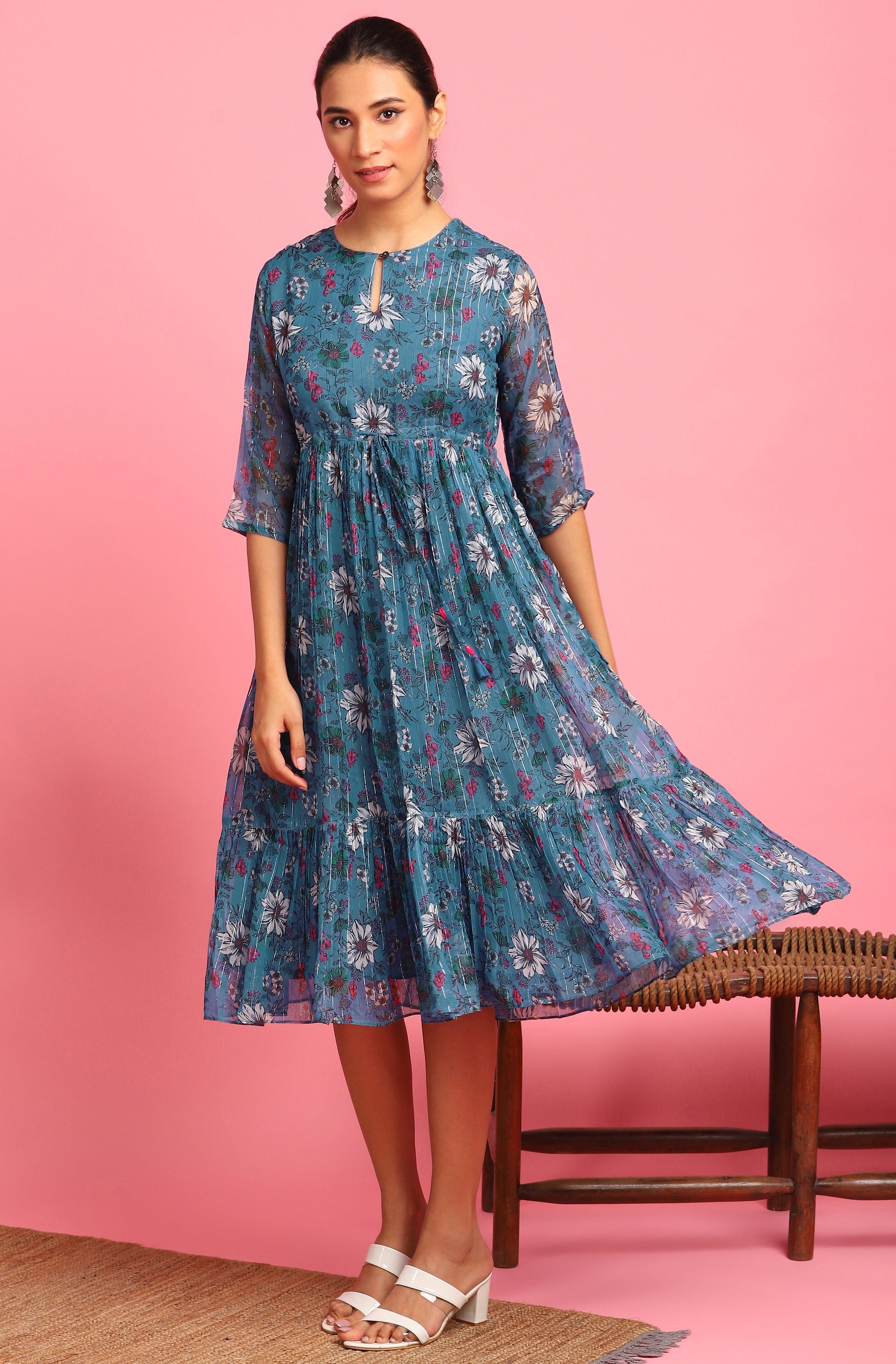 Janasya Blue Poly Georgette Floral Flared Western Dress 