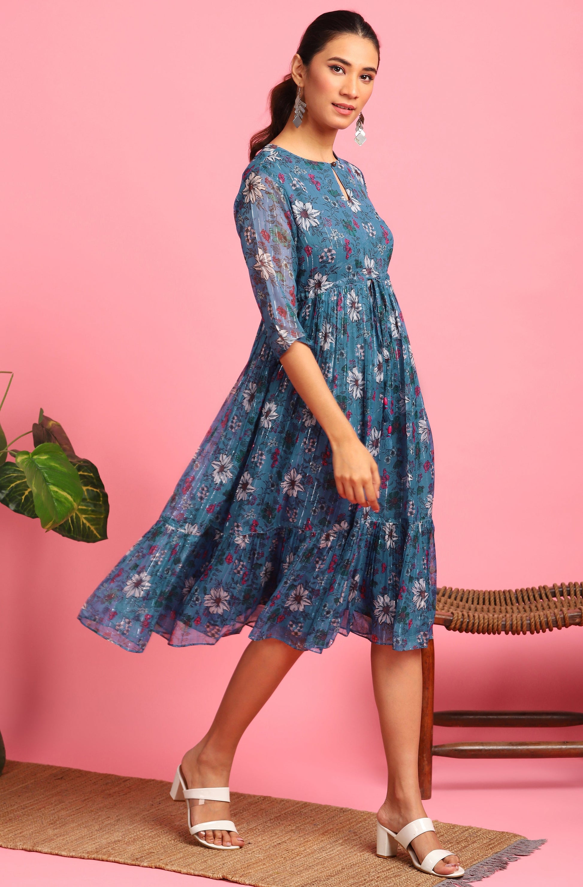Janasya Blue Poly Georgette Floral Flared Western Dress 