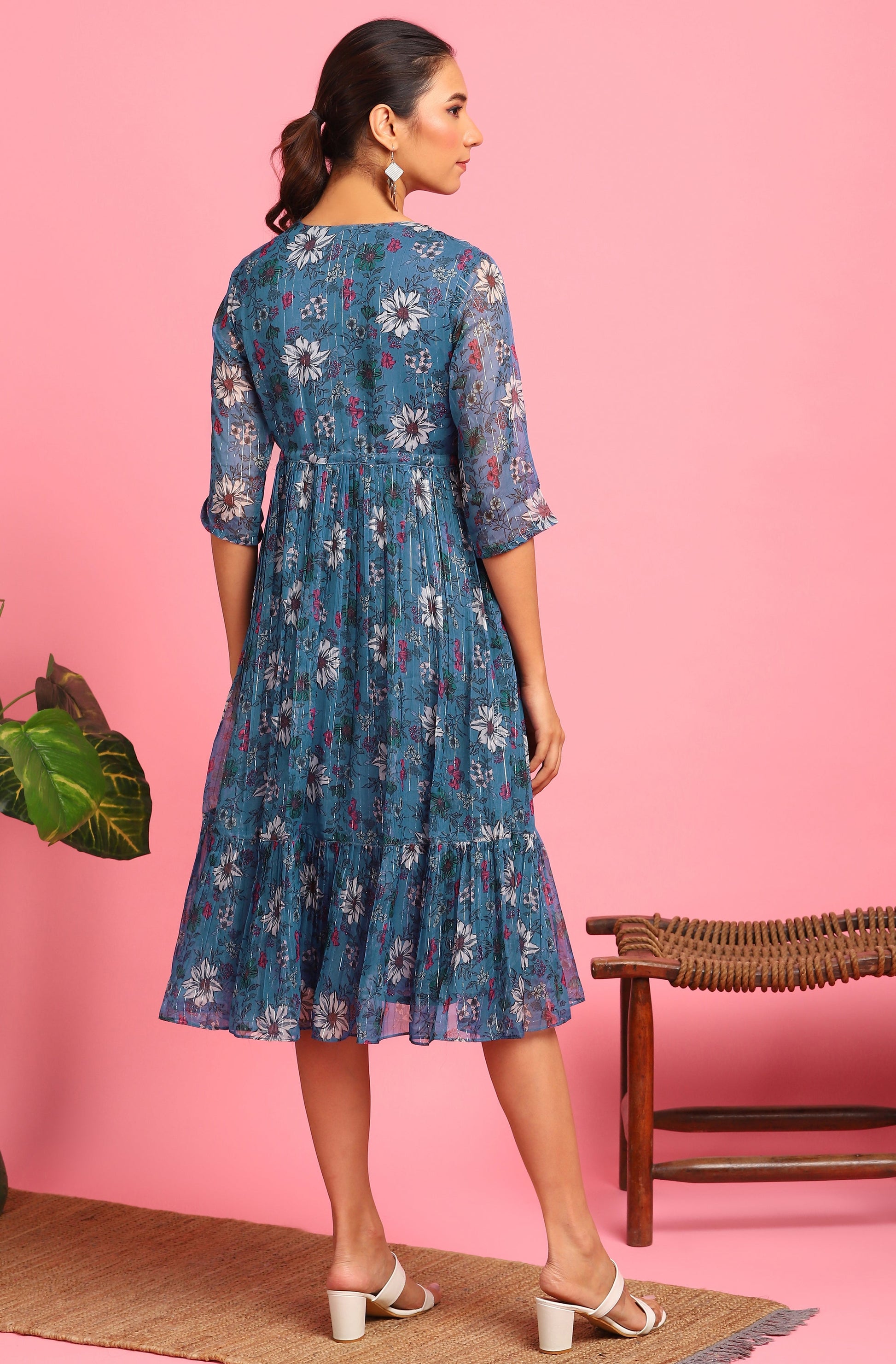 Janasya Blue Poly Georgette Floral Flared Western Dress 