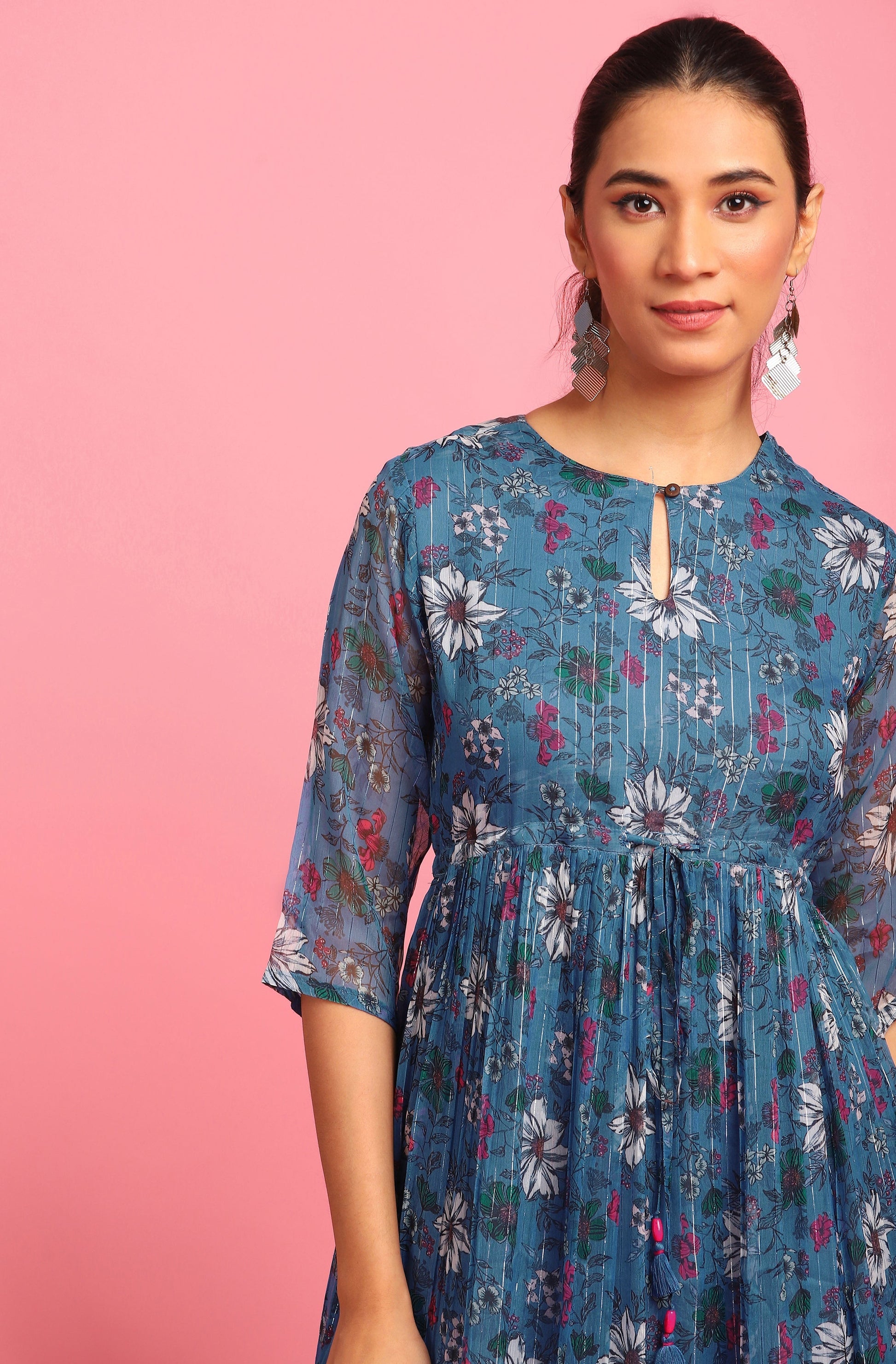 Janasya Blue Poly Georgette Floral Flared Western Dress 