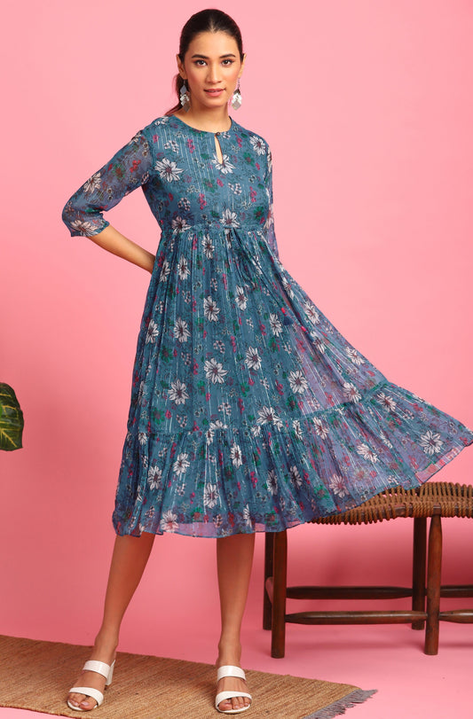 Janasya Blue Poly Georgette Floral Flared Western Dress 