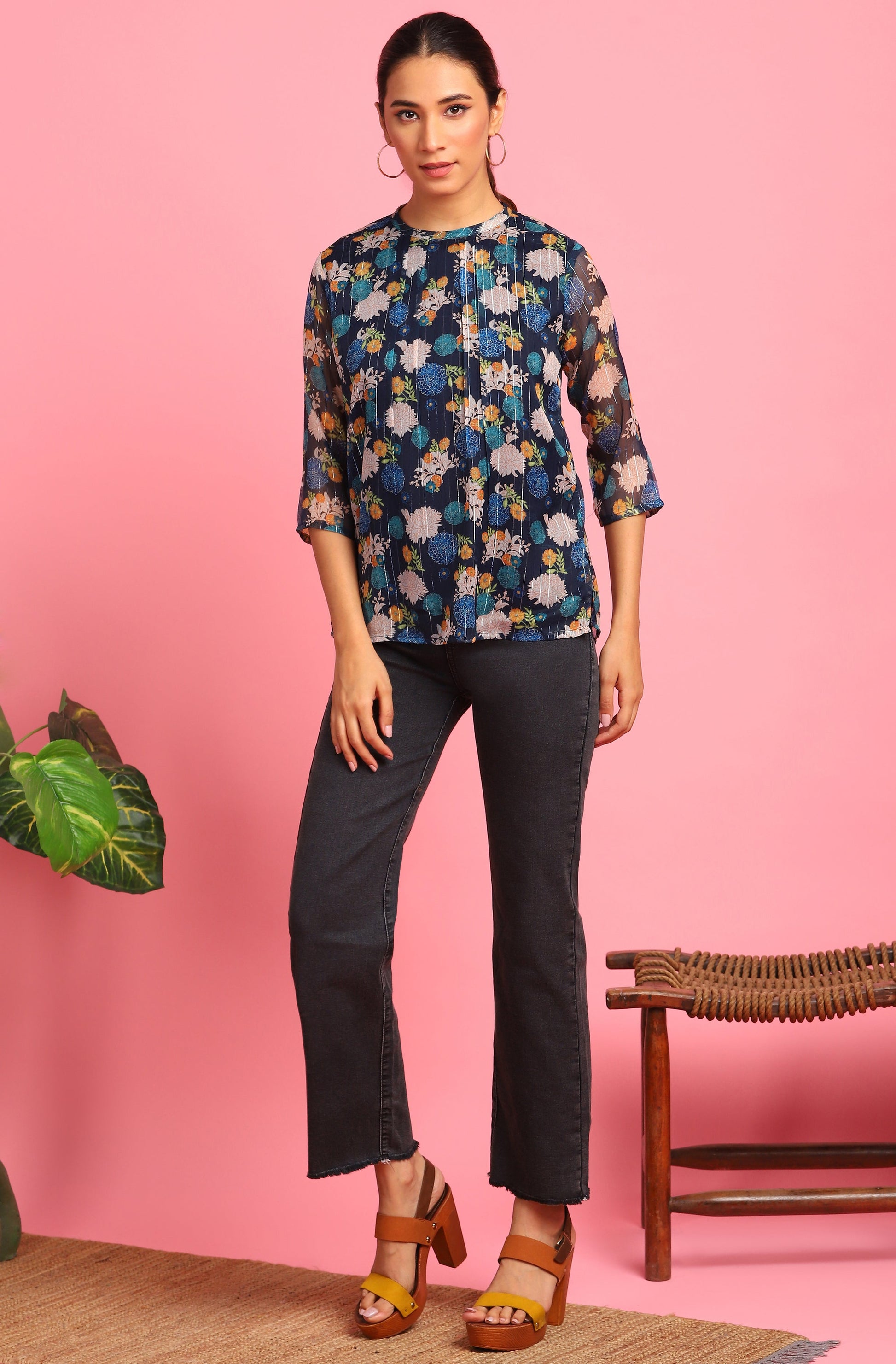 Janasya Women's Navy Blue Poly Georgette Floral Print Regular Top 