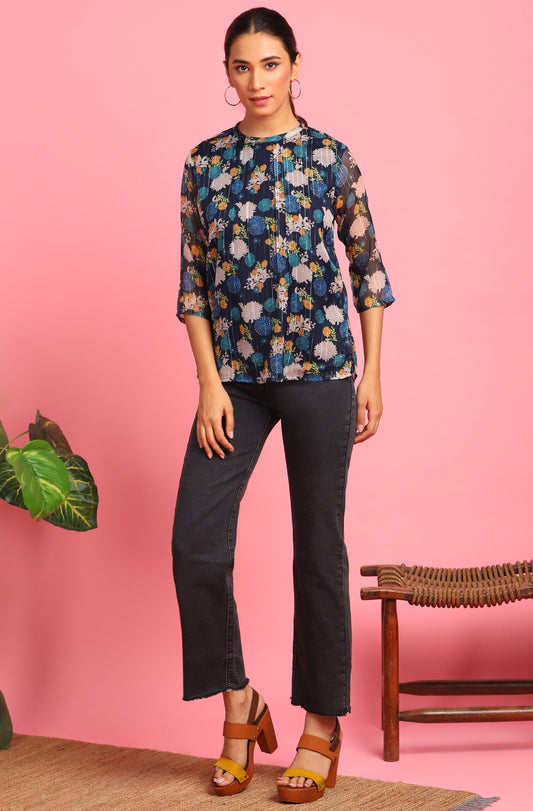 Janasya Women's Navy Blue Poly Georgette Floral Print Regular Top 