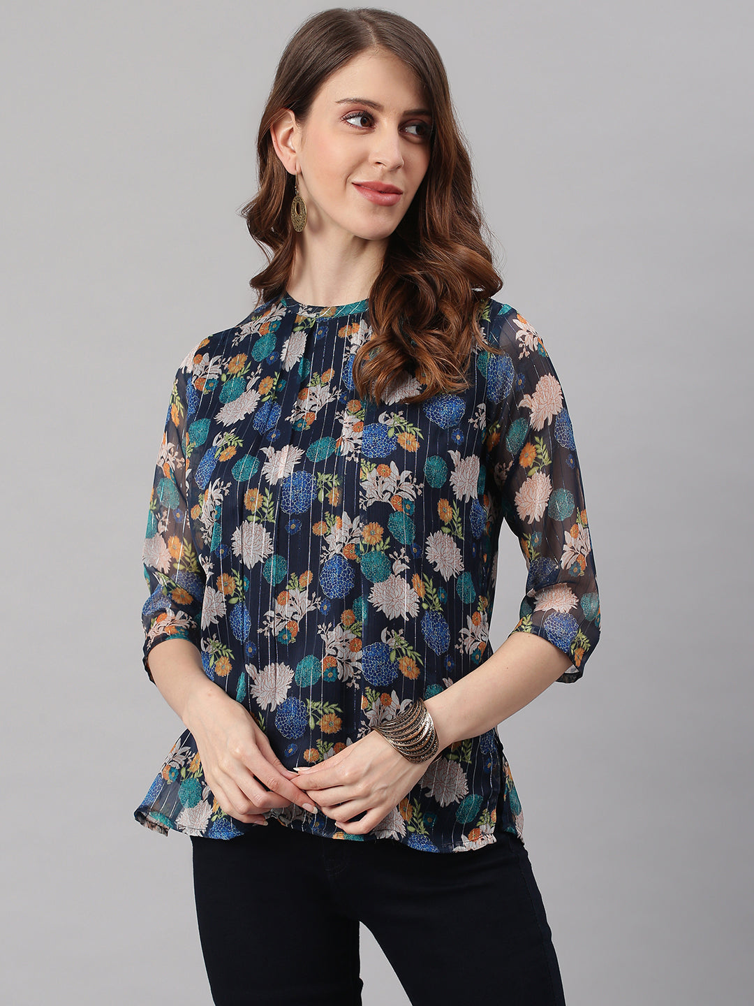 Janasya Women's Navy Blue Poly Georgette Floral Print Regular Top 