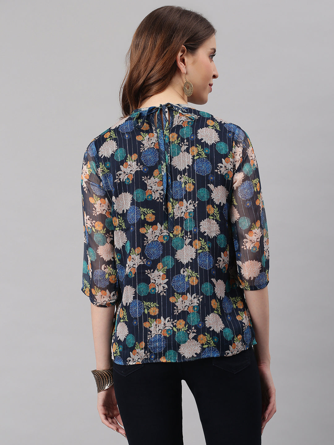 Janasya Women's Navy Blue Poly Georgette Floral Print Regular Top 