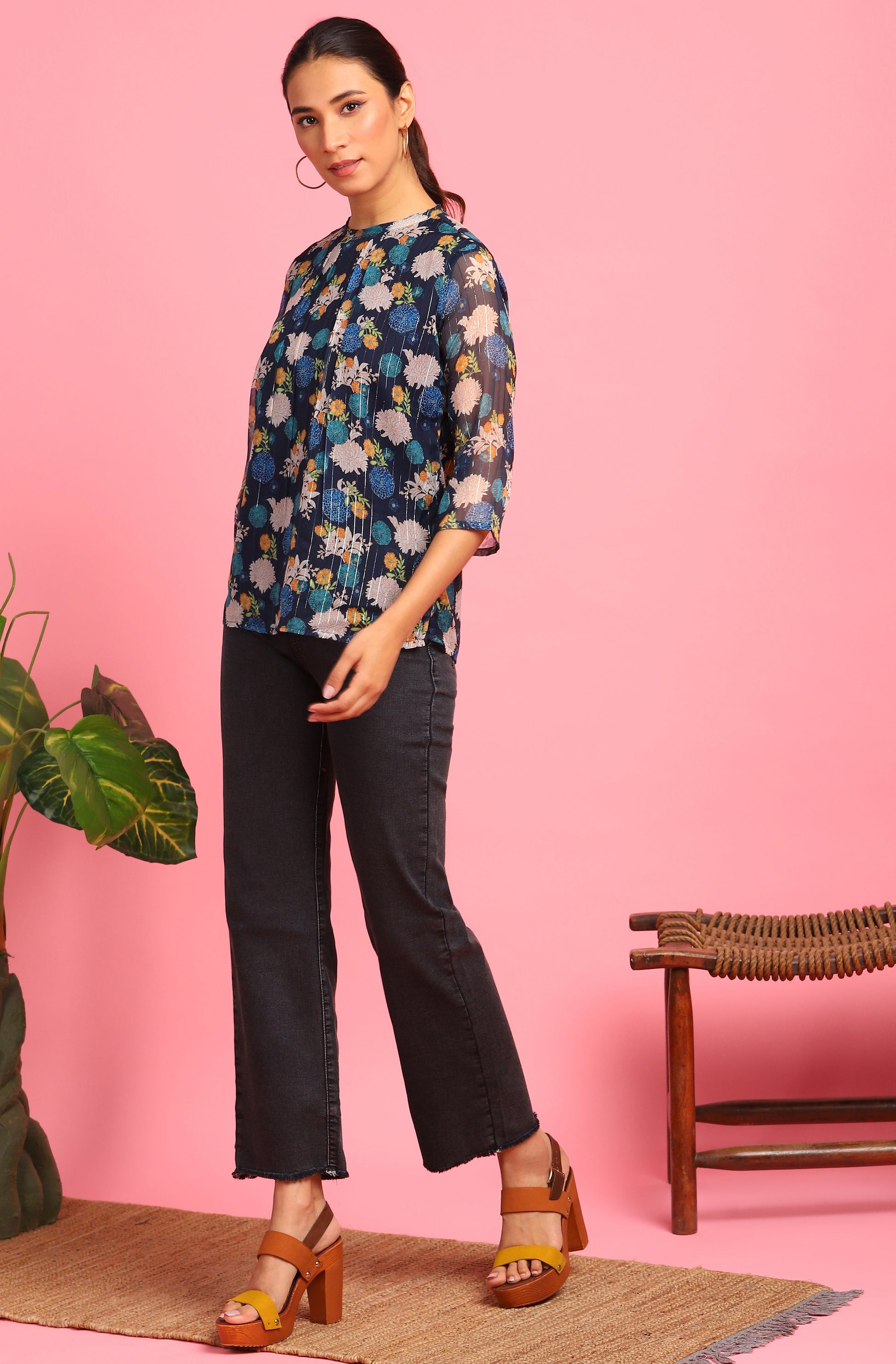 Janasya Women's Navy Blue Poly Georgette Floral Print Regular Top 
