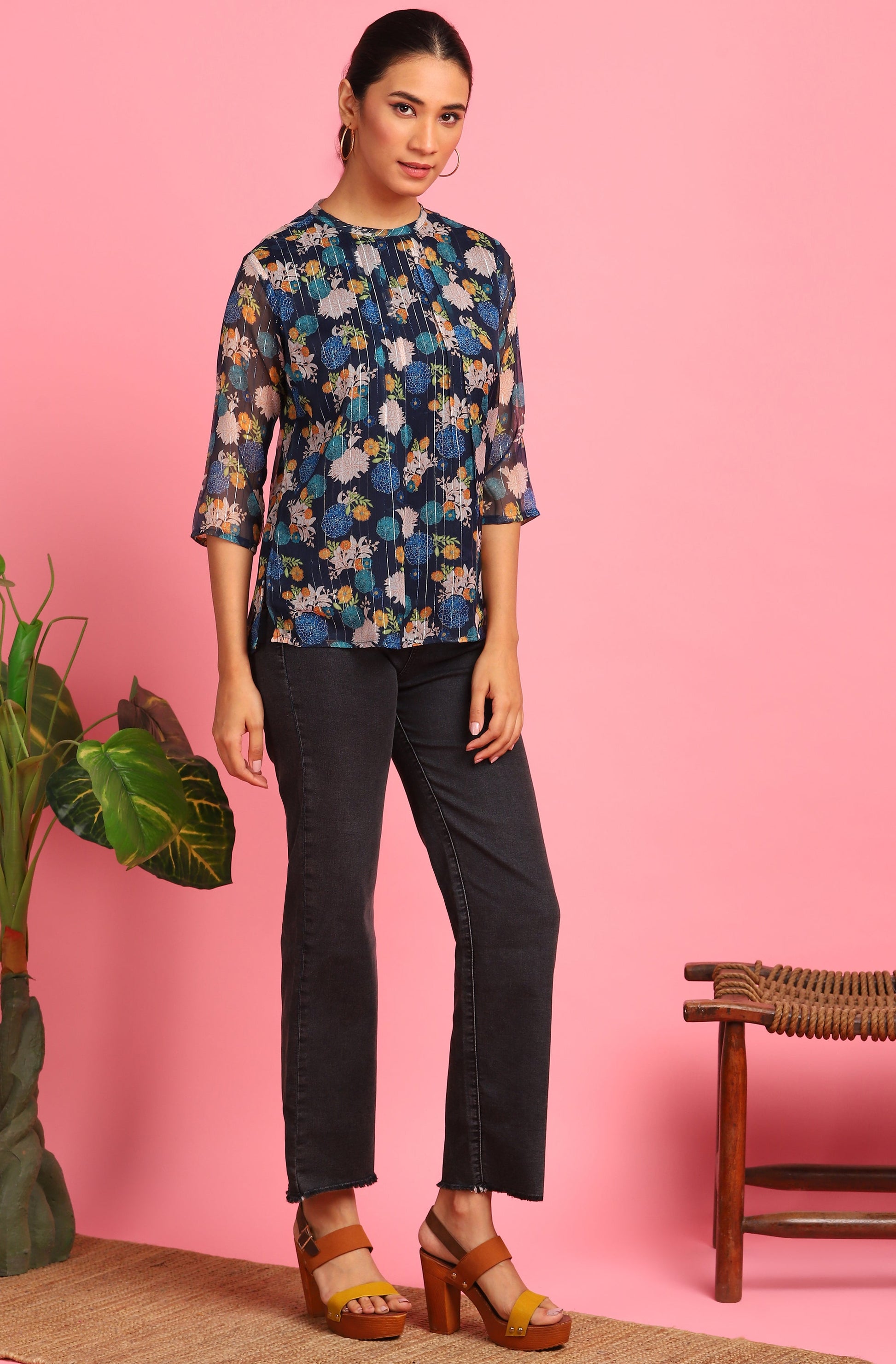Janasya Women's Navy Blue Poly Georgette Floral Print Regular Top 