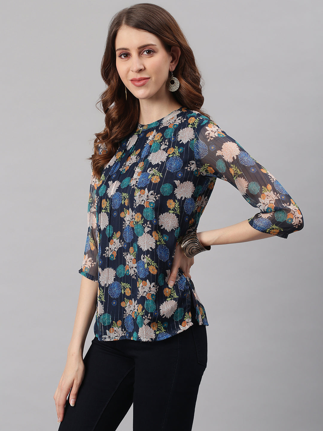 Janasya Women's Navy Blue Poly Georgette Floral Print Regular Top 