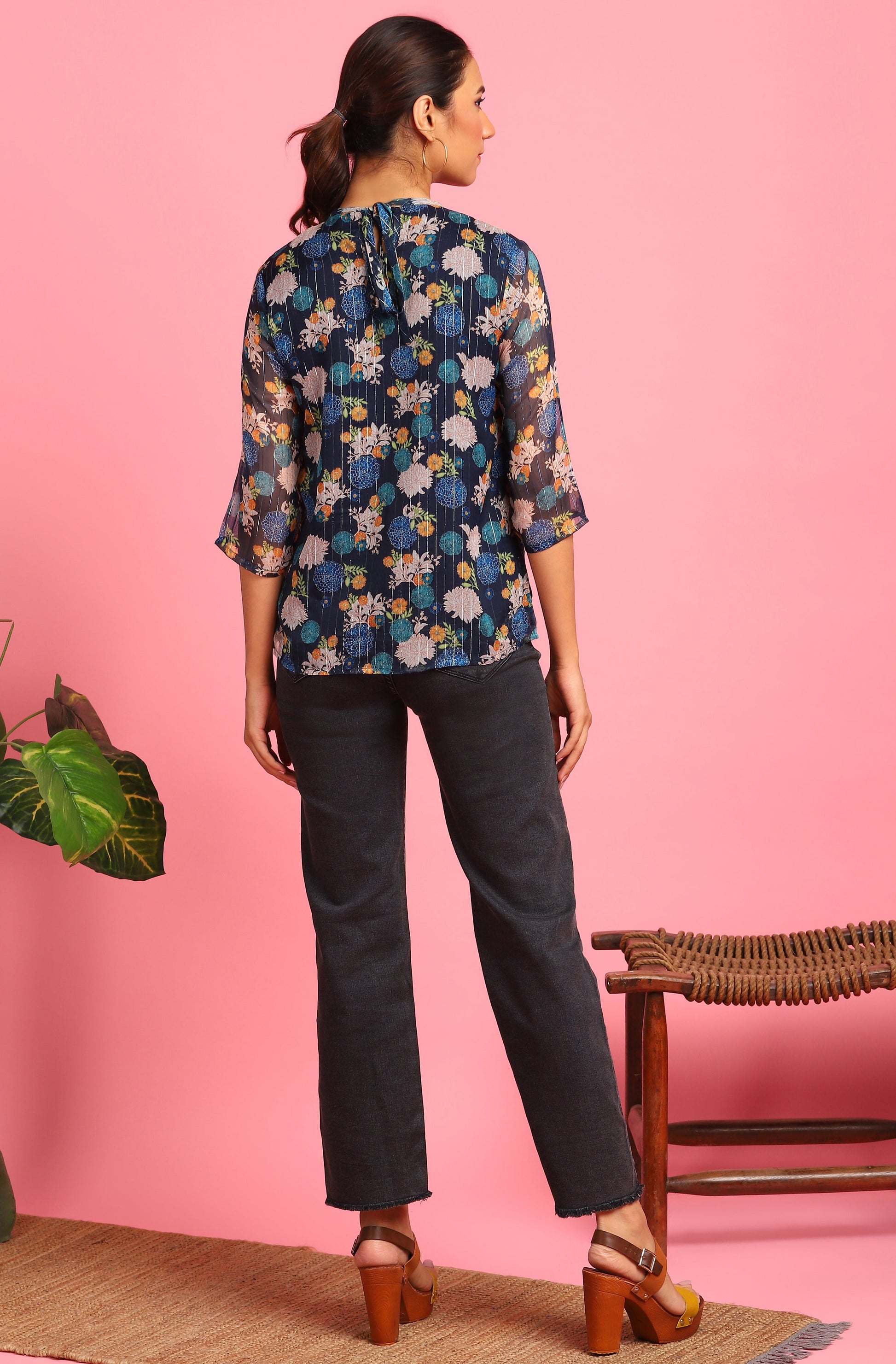 Janasya Women's Navy Blue Poly Georgette Floral Print Regular Top 
