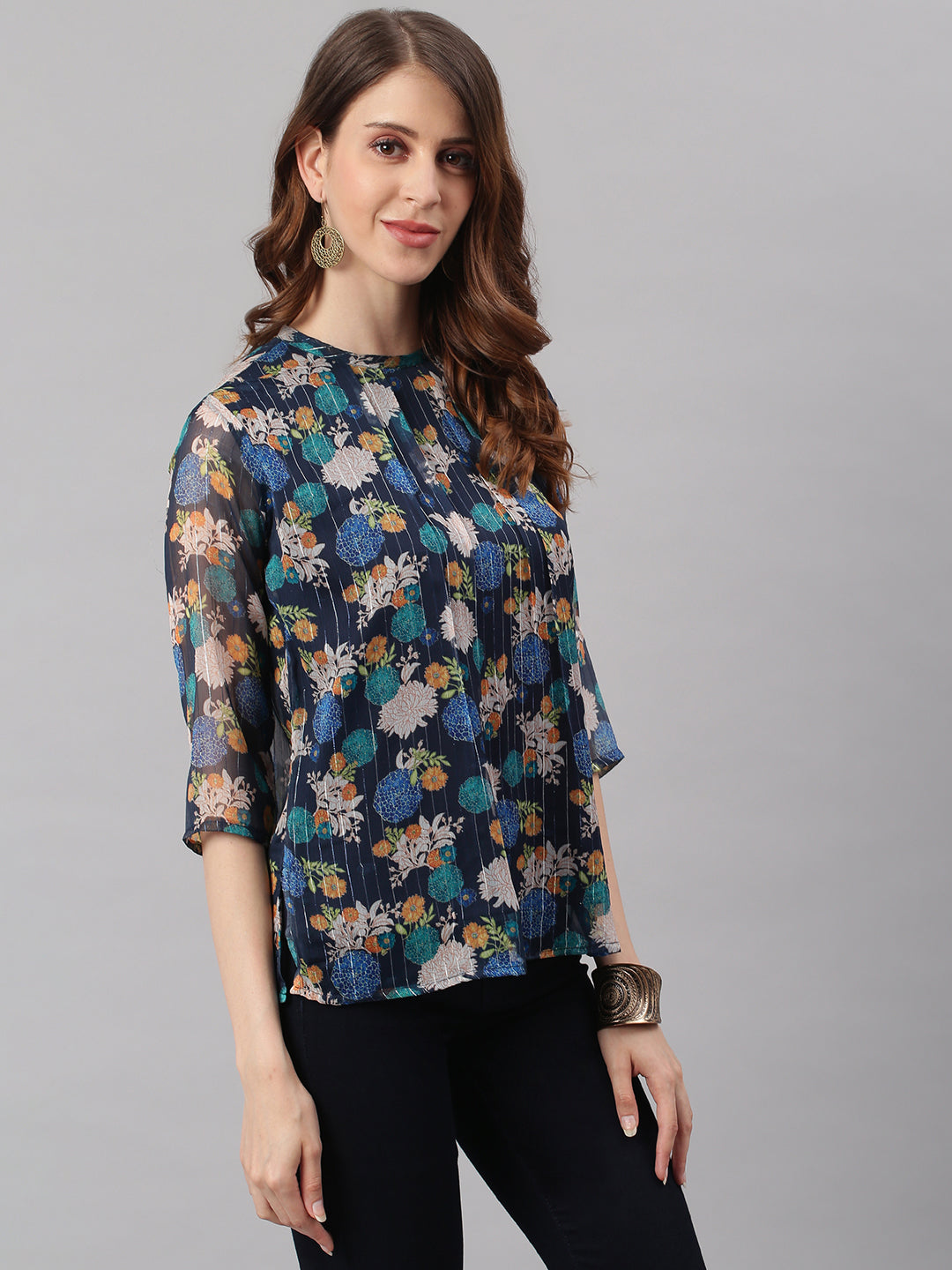Janasya Women's Navy Blue Poly Georgette Floral Print Regular Top 