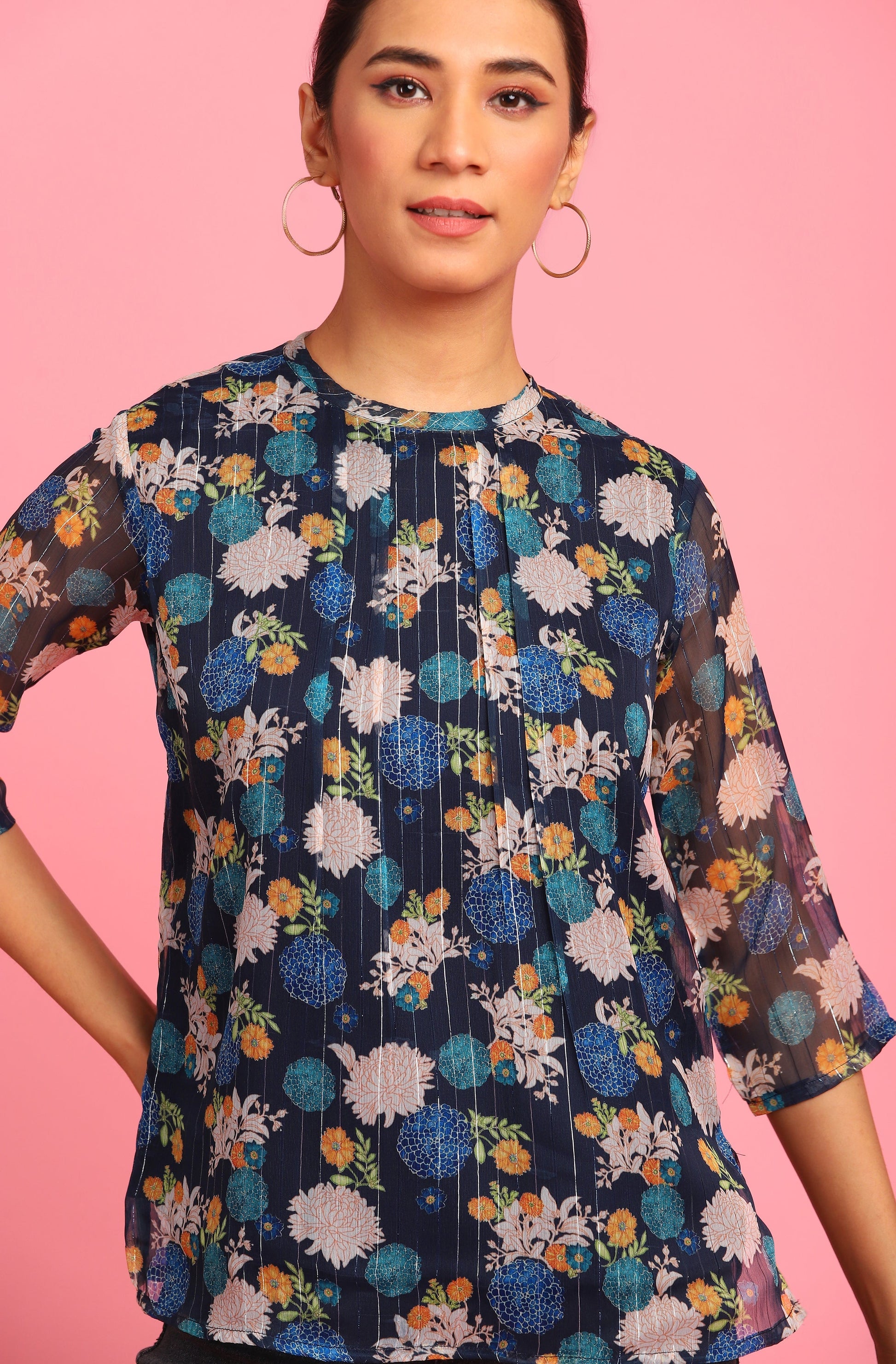 Janasya Women's Navy Blue Poly Georgette Floral Print Regular Top 