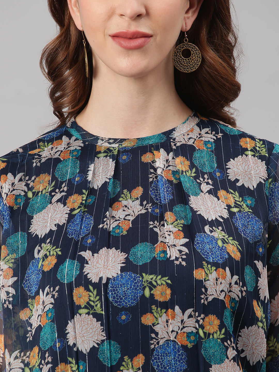 Janasya Women's Navy Blue Poly Georgette Floral Print Regular Top 