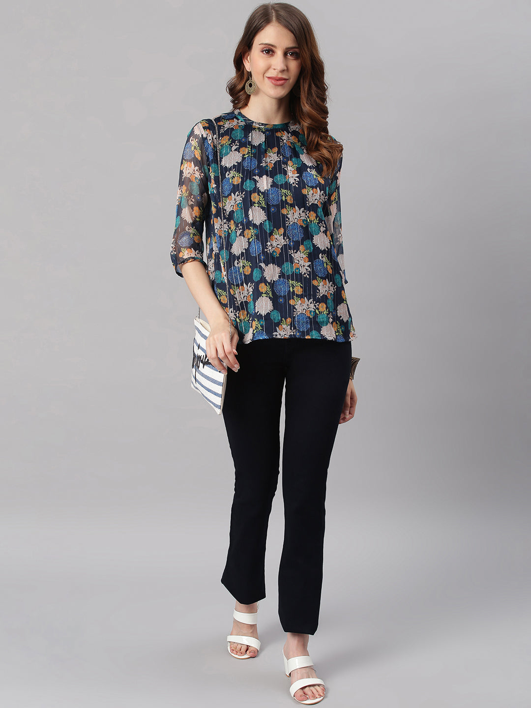 Janasya Women's Navy Blue Poly Georgette Floral Print Regular Top 