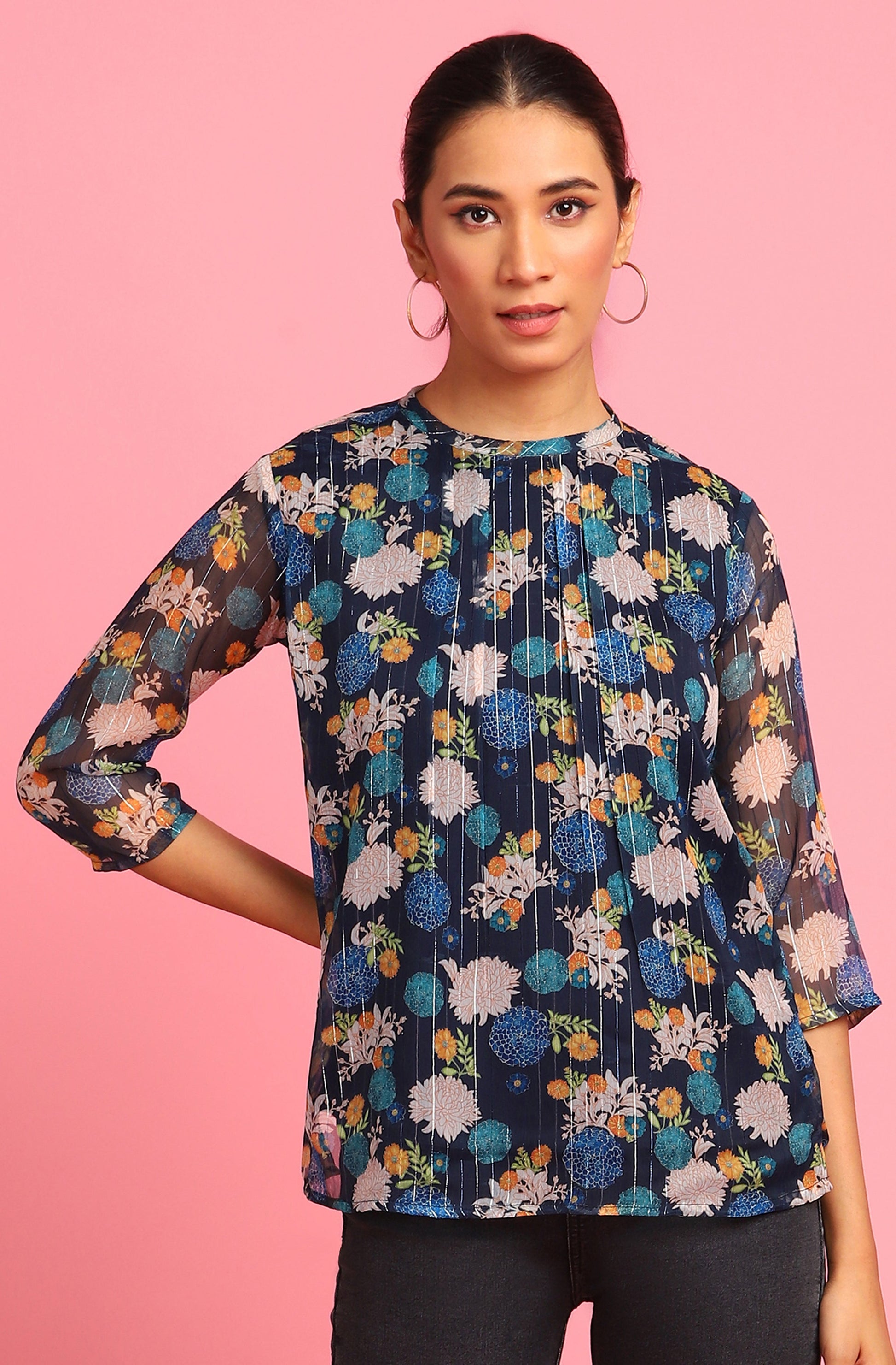 Janasya Women's Navy Blue Poly Georgette Floral Print Regular Top 