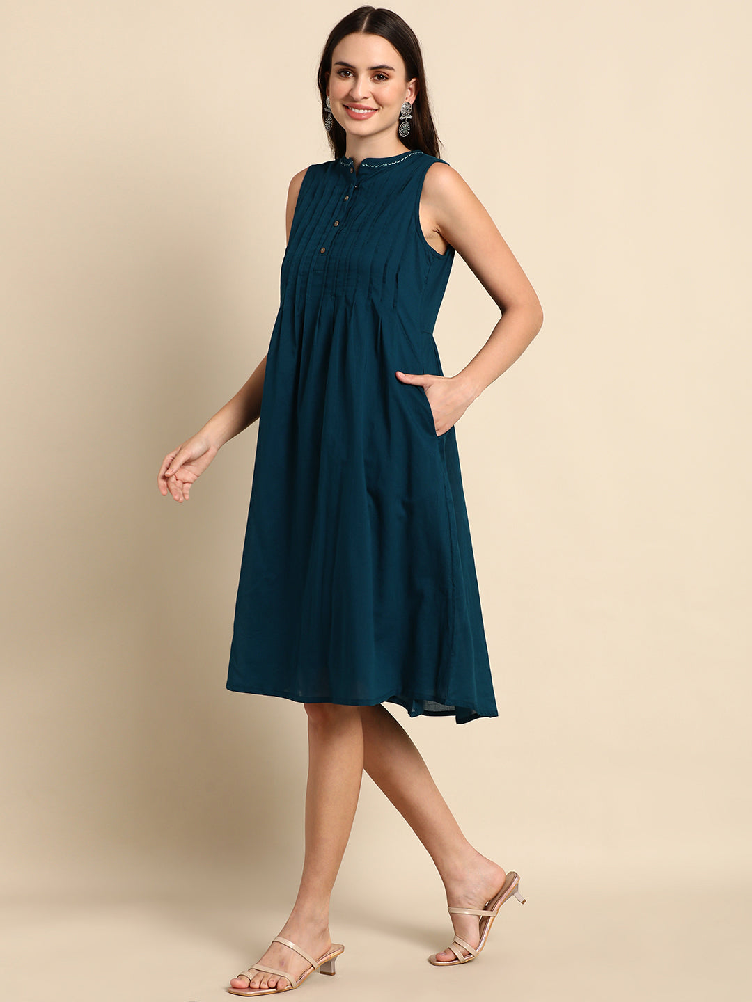 Janasya Women's Teal Cotton Solid A-line Western Dress 