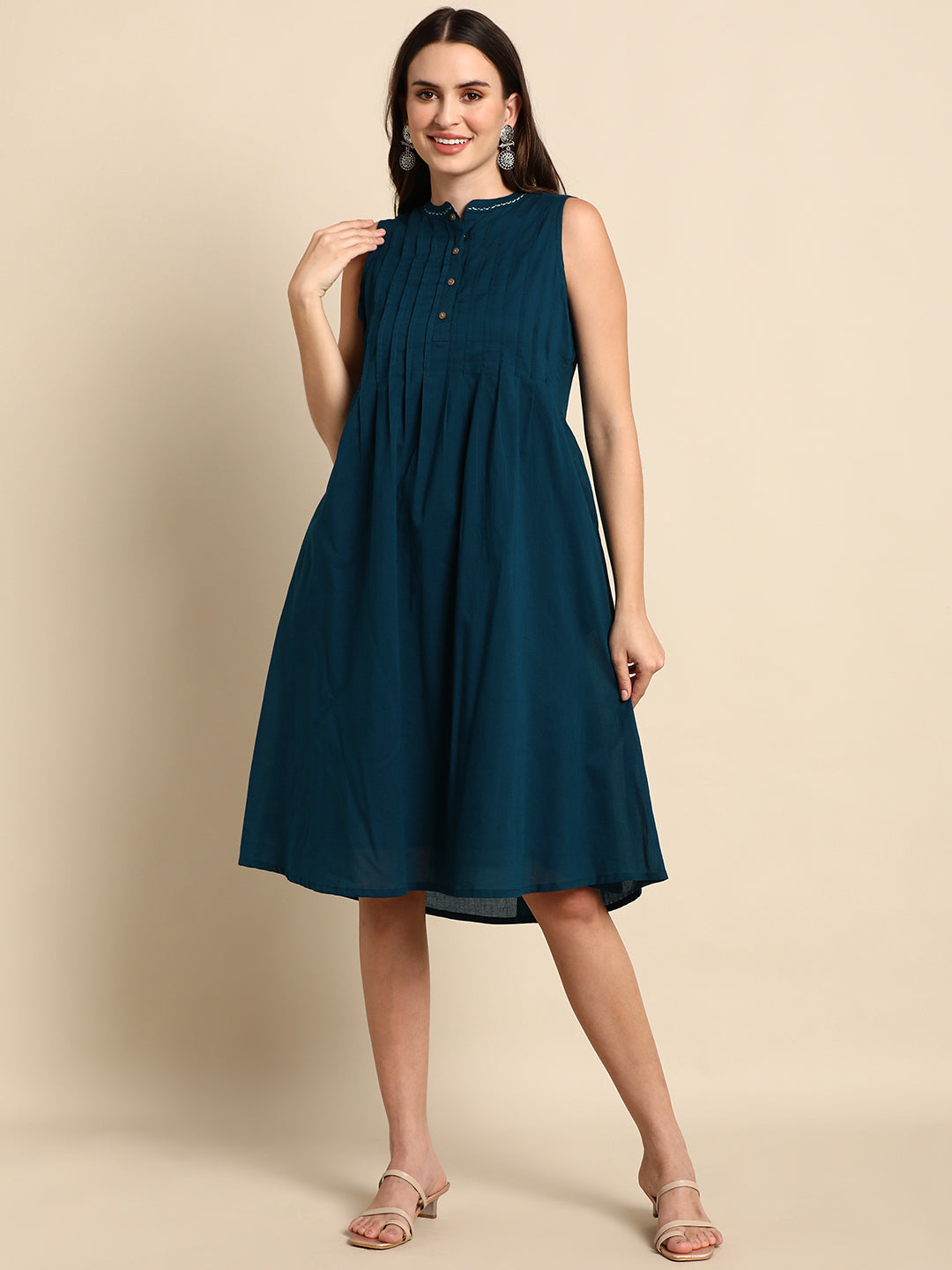 Janasya Women's Teal Cotton Solid A-line Western Dress 