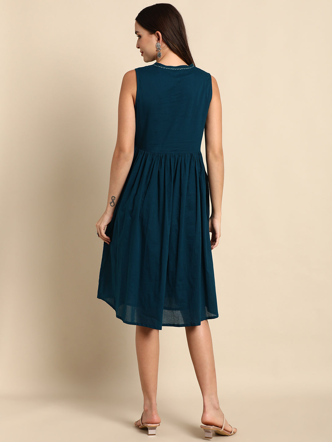 Janasya Women's Teal Cotton Solid A-line Western Dress 