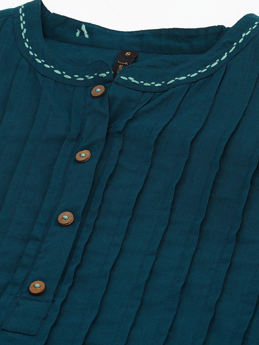Janasya Women's Teal Cotton Solid A-line Western Dress 