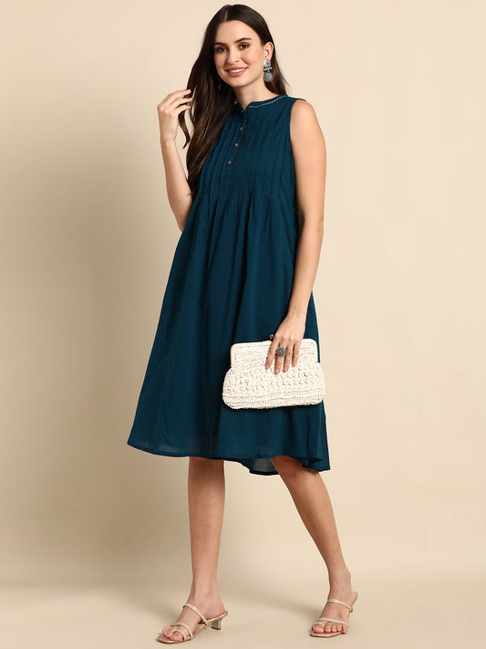 Janasya Women's Teal Cotton Solid A-line Western Dress 