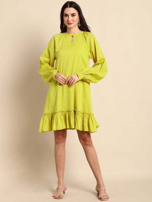 Janasya Women's Mustard Cotton Solid Drop-Waist Western Dress 