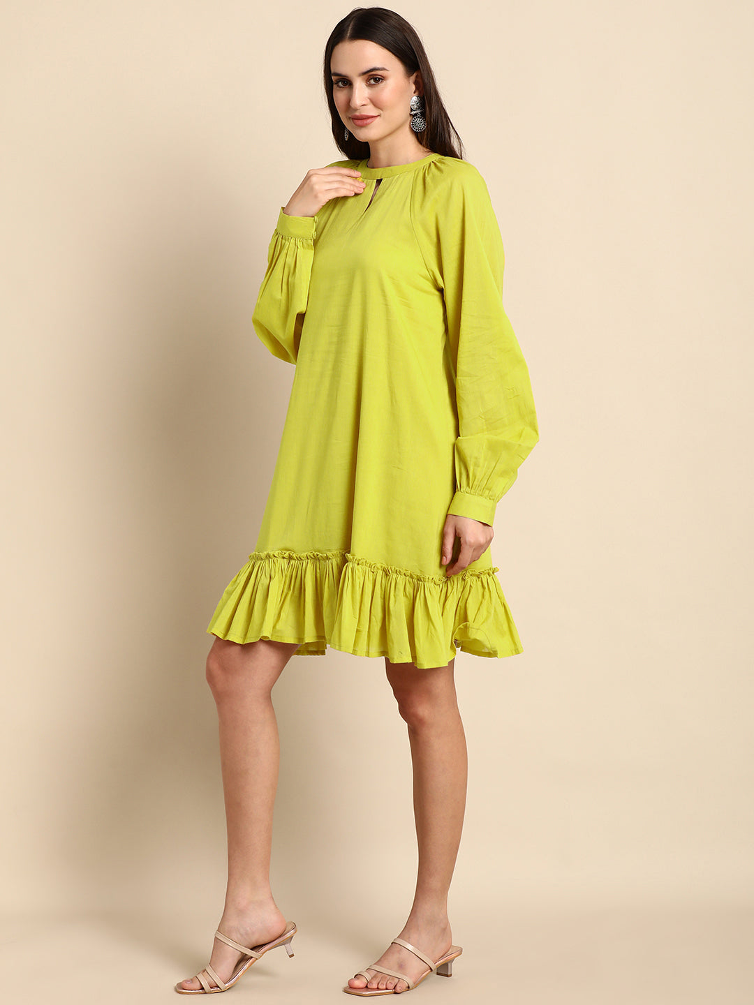 Janasya Women's Mustard Cotton Solid Drop-Waist Western Dress 