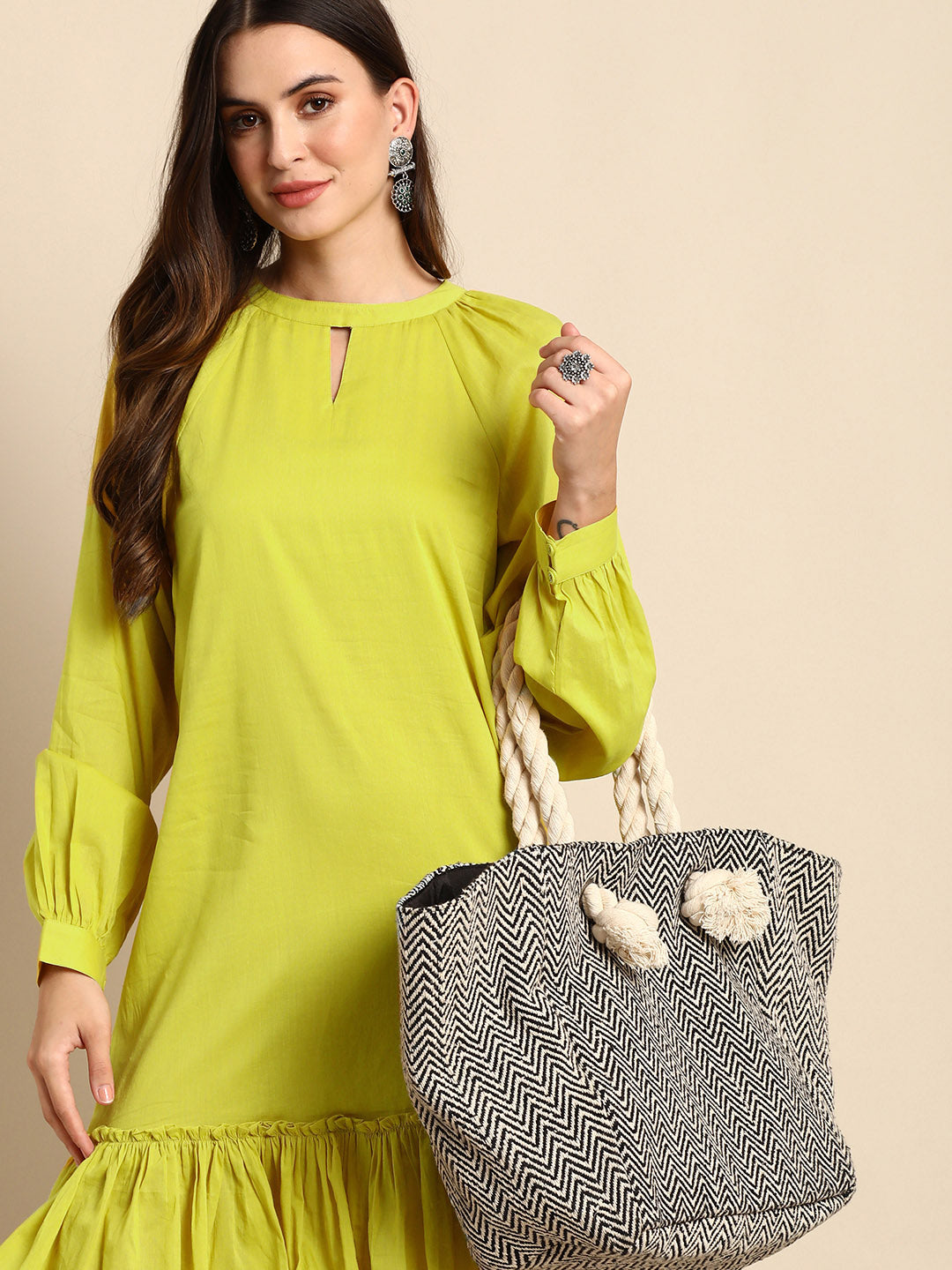 Janasya Women's Mustard Cotton Solid Drop-Waist Western Dress 