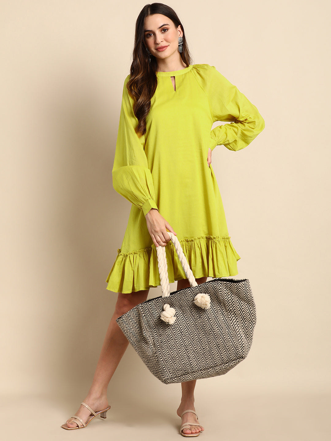 Janasya Women's Mustard Cotton Solid Drop-Waist Western Dress 