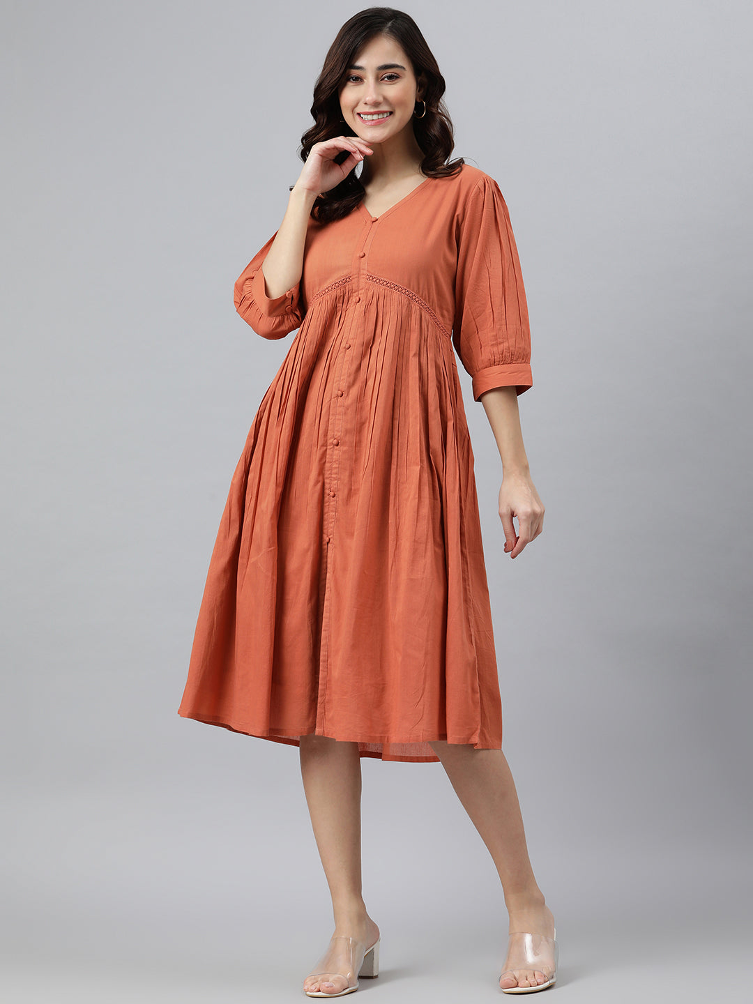 Janasya Women's Coral Orange Cotton Solid Flared Western Dress 