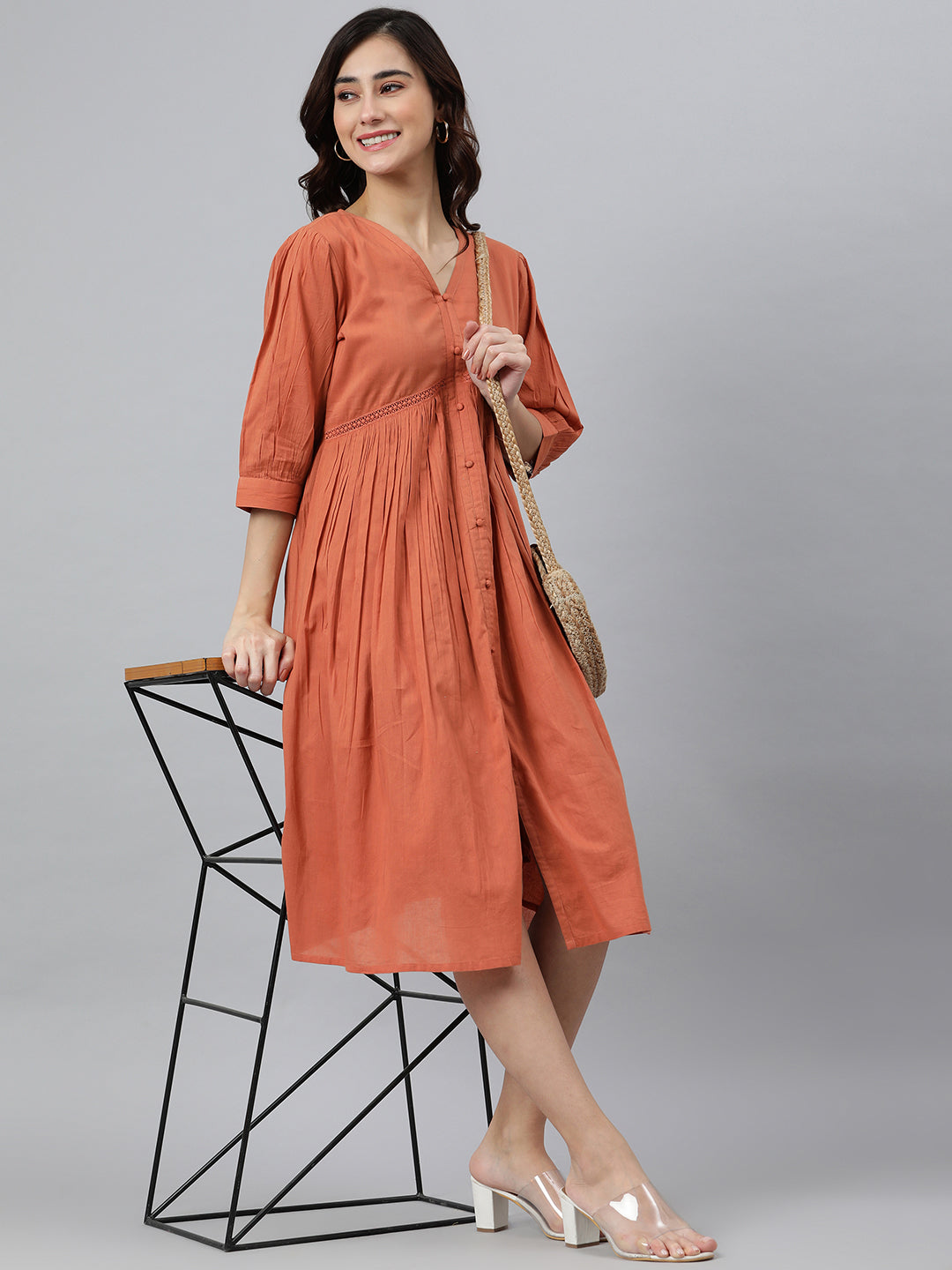 Janasya Women's Coral Orange Cotton Solid Flared Western Dress 