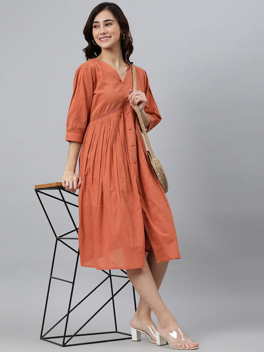 Janasya Women's Coral Orange Cotton Solid Flared Western Dress 