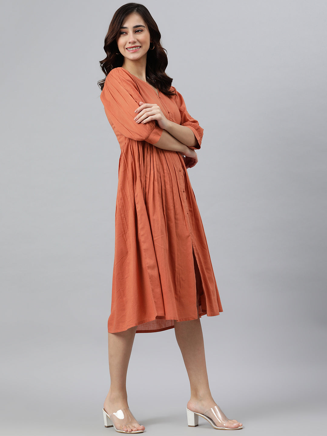 Janasya Women's Coral Orange Cotton Solid Flared Western Dress 