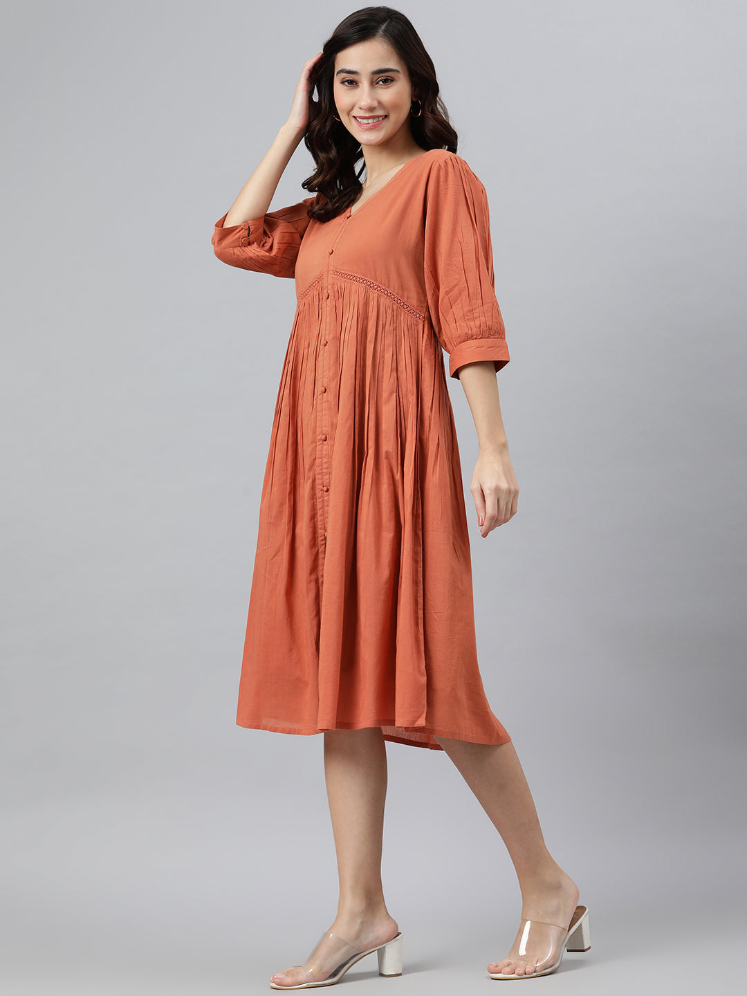 Janasya Women's Coral Orange Cotton Solid Flared Western Dress 