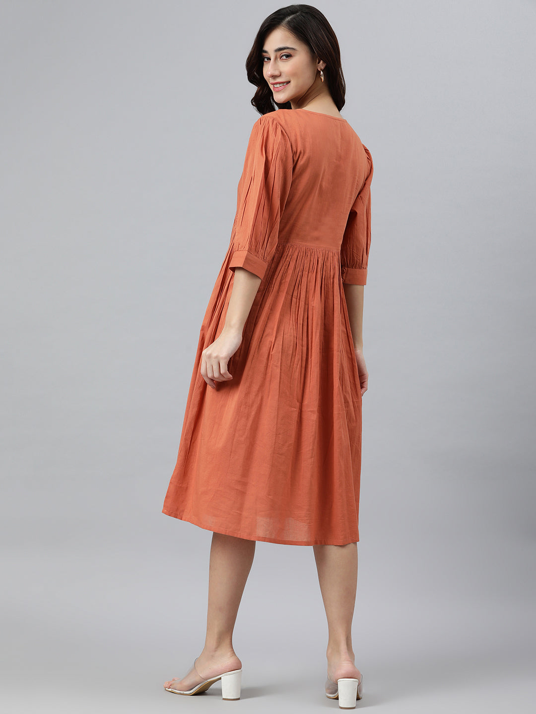 Janasya Women's Coral Orange Cotton Solid Flared Western Dress 