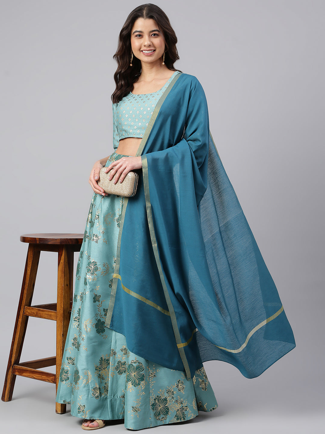Janasya Women's Sea Green Poly Silk Gold Print Lehenga Choli With Dupatta 
