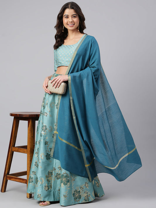 Janasya Women's Sea Green Poly Silk Gold Print Lehenga Choli With Dupatta 