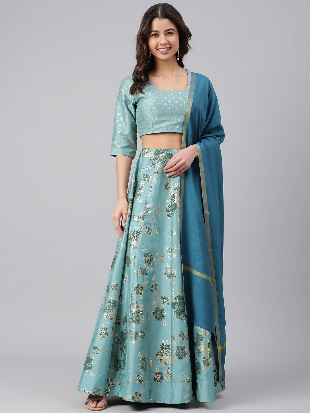 Janasya Women's Sea Green Poly Silk Gold Print Lehenga Choli With Dupatta 