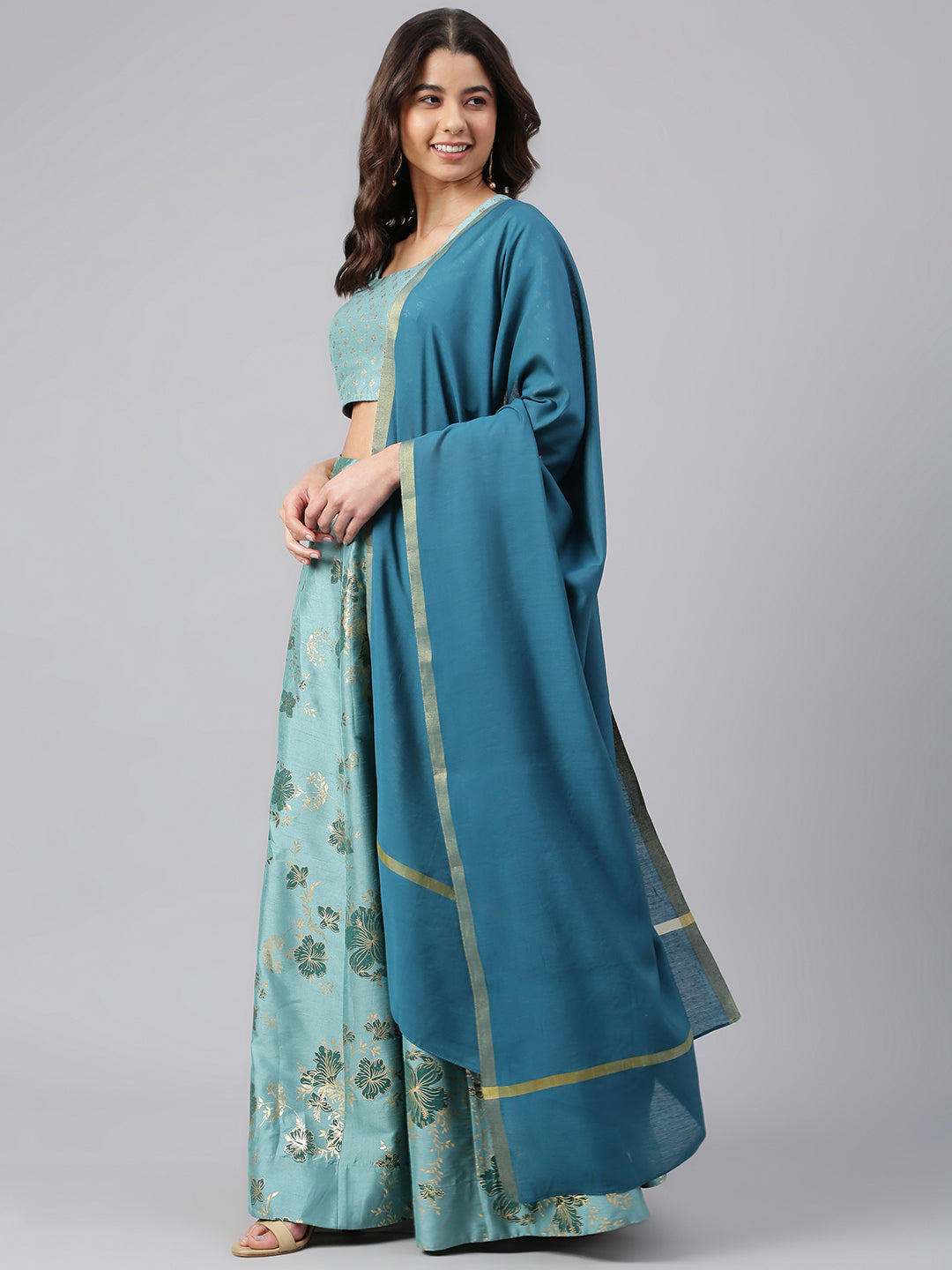 Janasya Women's Sea Green Poly Silk Gold Print Lehenga Choli With Dupatta 
