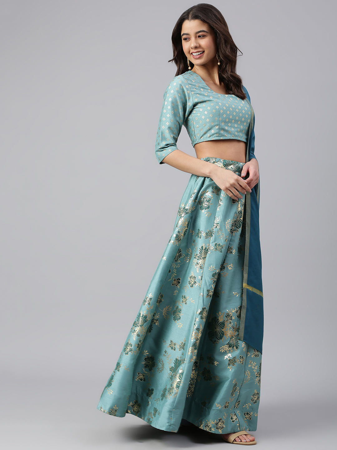 Janasya Women's Sea Green Poly Silk Gold Print Lehenga Choli With Dupatta 