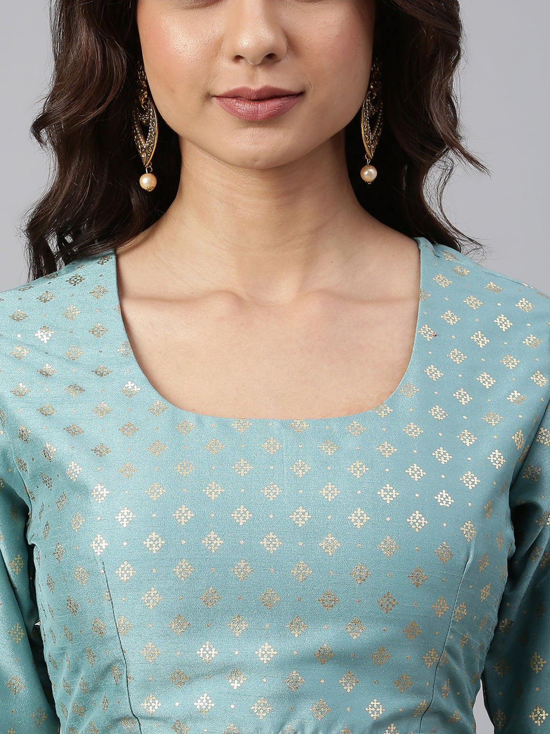 Janasya Women's Sea Green Poly Silk Gold Print Lehenga Choli With Dupatta 