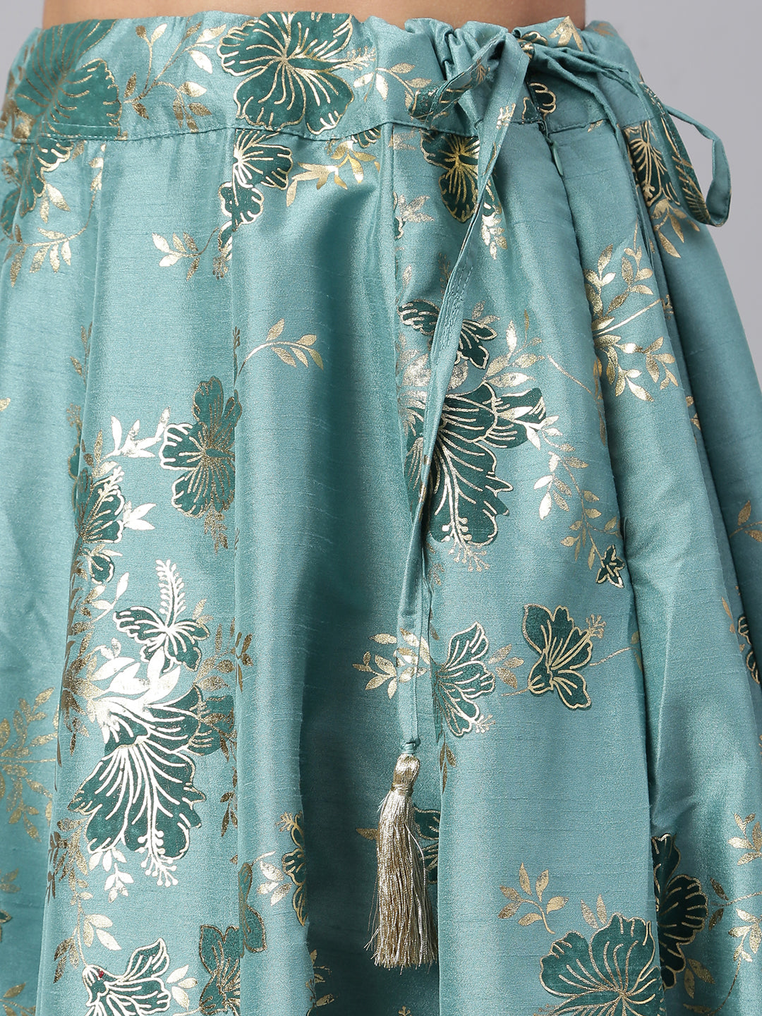 Janasya Women's Sea Green Poly Silk Gold Print Lehenga Choli With Dupatta 